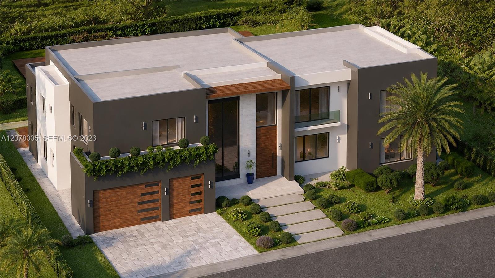 Stunning modern home exterior featuring sleek architecture, lush tropical landscaping, and a paver driveway.