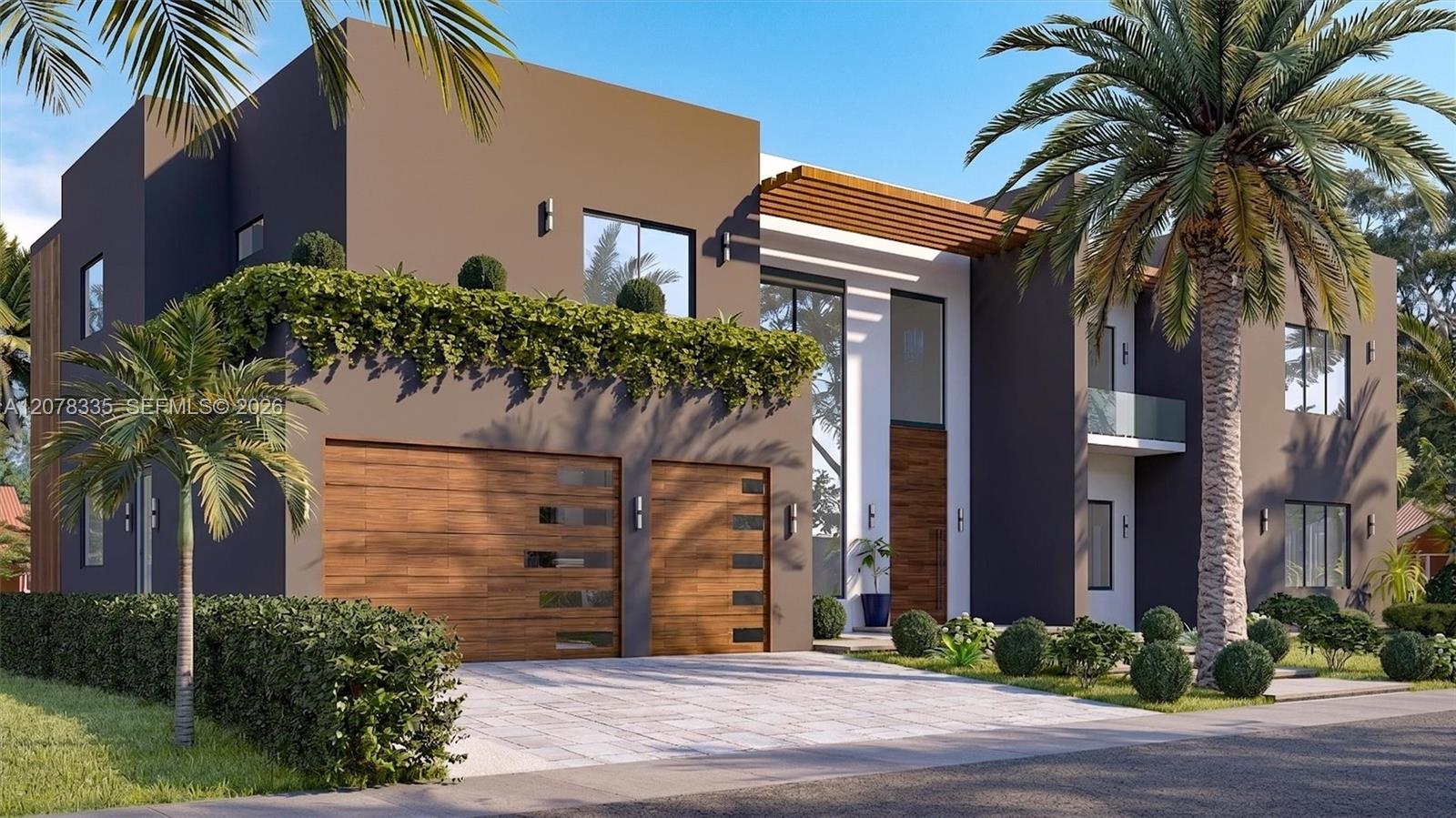 Multi-level contemporary residence with wood garage door, palm trees, and striking geometric design.