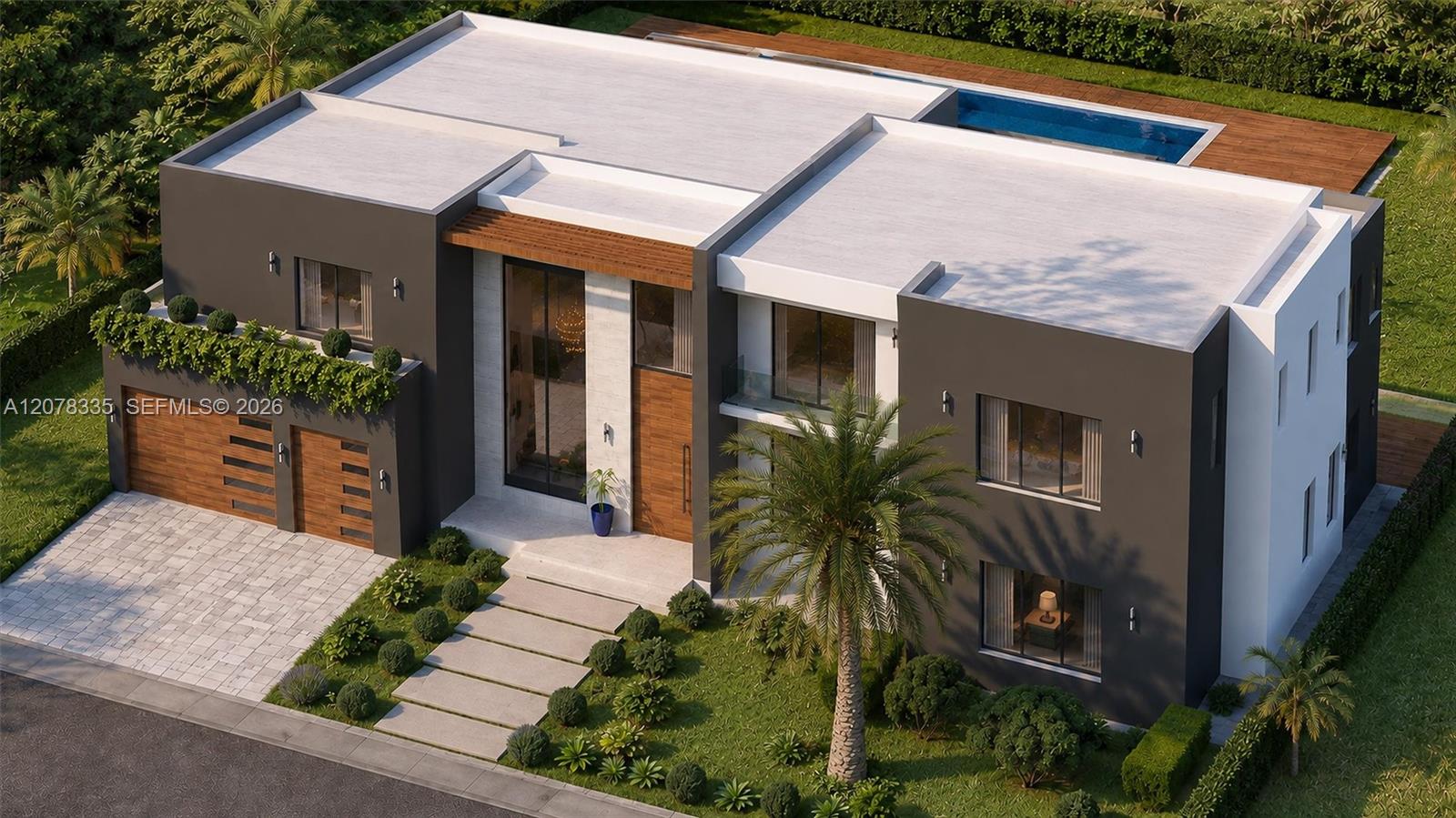 Modern luxury home front view showcasing wood-accented garage doors and manicured landscaping.