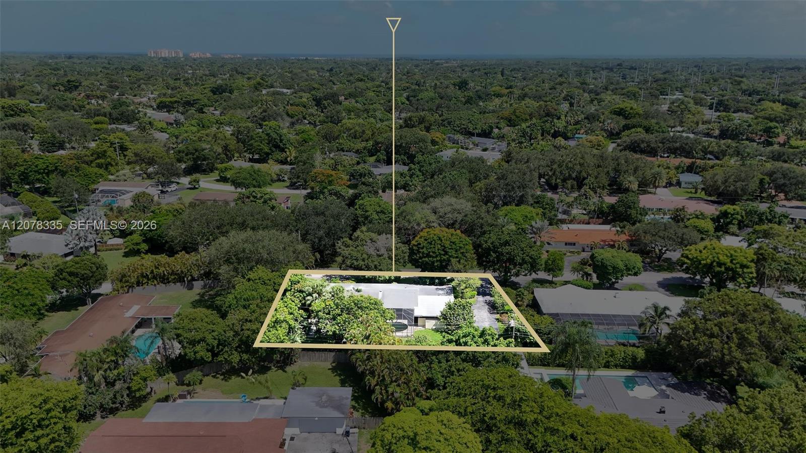 Aerial view highlighting the property's expansive lot, mature tree canopy, and prime neighborhood location.